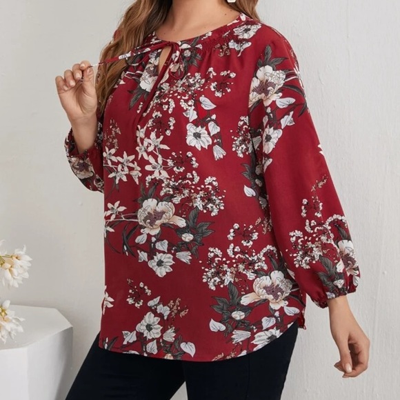 Boho plus size floral tie neck blouse - Picture 5 of 5
